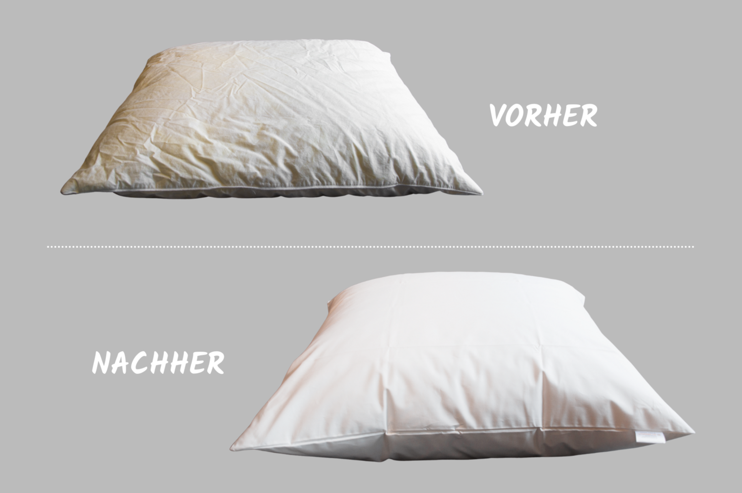 Kissen vor und nach dem Waschen